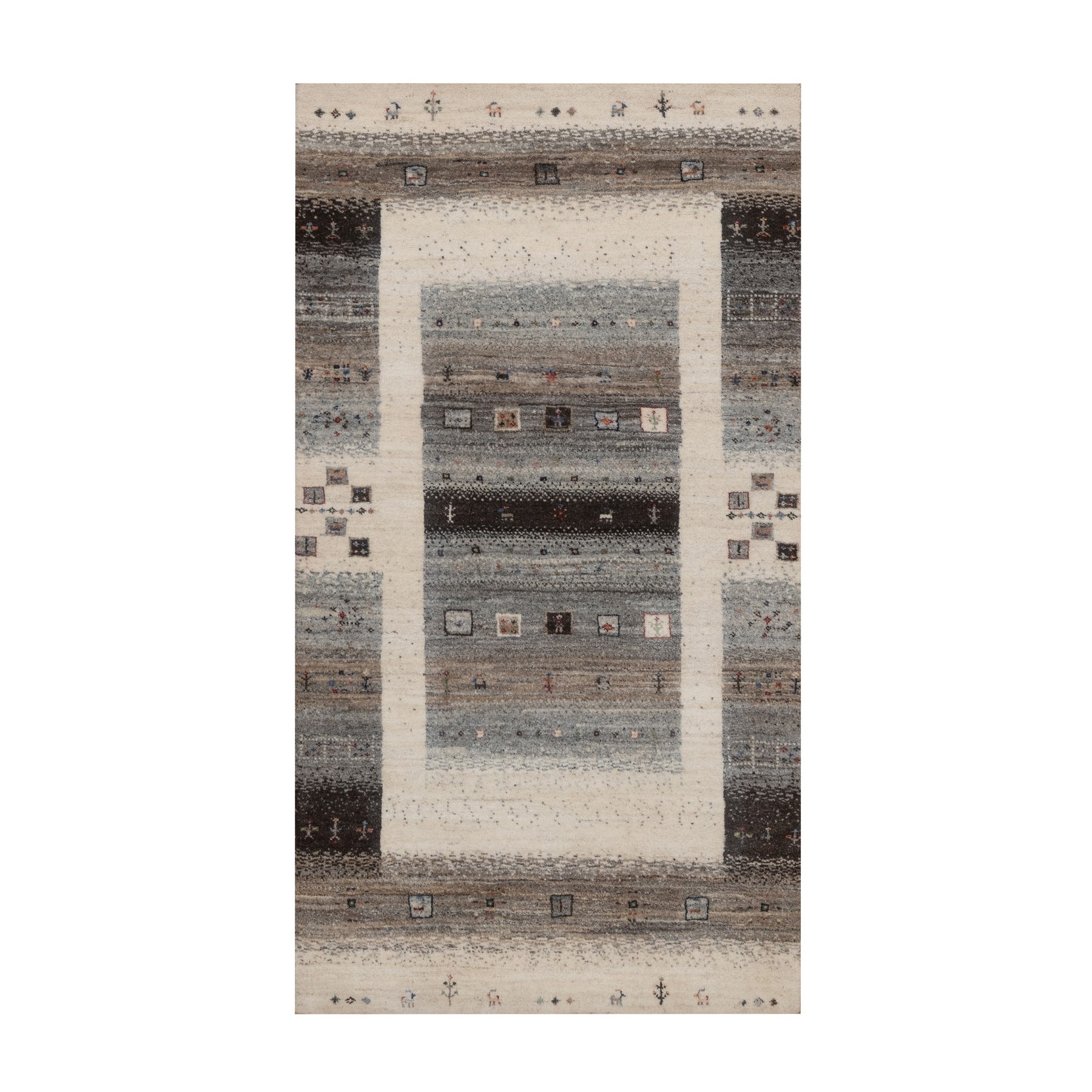 Parchment White, Hand Knotted, Lori Buft Gabbeh with Small Animal and Human Figurines, Modern, Pure Wool, Thick and Plush, Oriental Rug